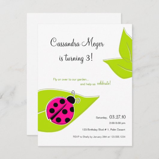 Invitation à l'anniversaire de Ladybug rose (Devant / Derrière)