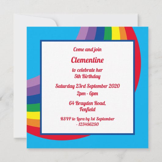 Invitation à l'anniversaire de l'arc-en-ciel perso (Dos)