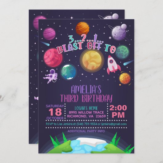 Invitation à l'anniversaire de l'espace - Fille -  (Devant / Derrière)