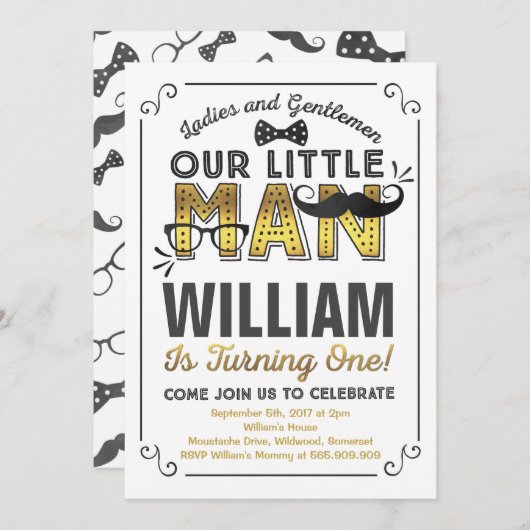 Invitation à l'anniversaire de Little Man Mustache (Devant / Derrière)