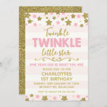 Invitation à l'anniversaire de Little Star<br><div class="desc">Cette mignonne petite invitation à l'anniversaire d'une étoile scintillante convient à un enfant de 1 an mais peut être utilisée pour un autre âge. Le design présente quelques étoiles roses et faux feuilles d'or au sommet et à la base de l'invitation. Le arrière - plan est un motif à rayures...</div>