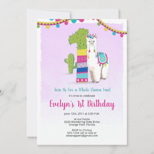 Invitation à l'anniversaire de Llama - 1er anniver (Devant)