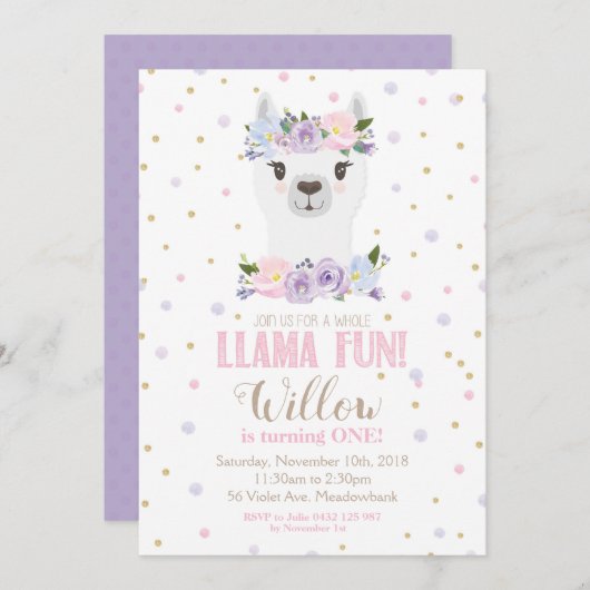 Invitation à l'anniversaire de Llama Fille Florale (Devant / Derrière)