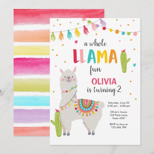 Invitation à l'anniversaire de Llama Fun (Devant / Derrière)
