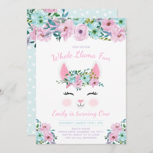 Invitation à l'anniversaire de Llama Fun Party (Devant / Derrière)