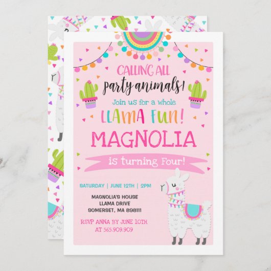Invitation à l'anniversaire de Llama Fun Party (Devant / Derrière)