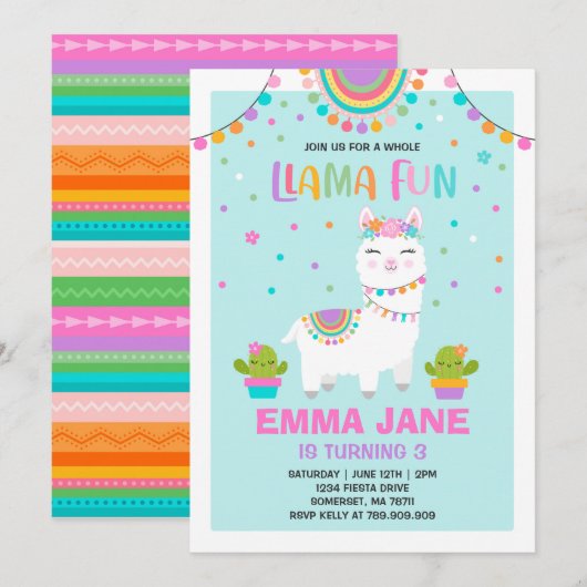 Invitation à l'anniversaire de Llama Fun Party (Devant / Derrière)