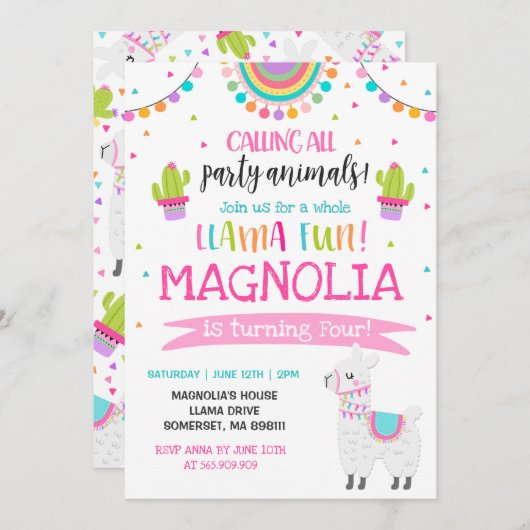 Invitation à l'anniversaire de Llama Fun Party (Devant / Derrière)