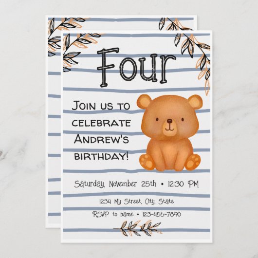 Invitation à l'anniversaire de l'ours (Devant / Derrière)