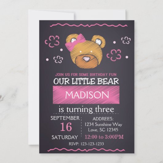 Invitation à l'anniversaire de l'ours rose (Devant)