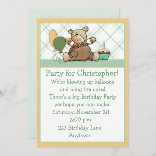 Invitation à l'anniversaire de l'Ours vert (Devant / Derrière)