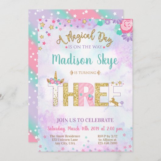 Invitation à l'anniversaire de l'Unicorne (Devant / Derrière)
