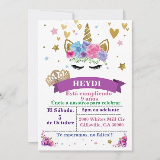 Invitation à l'anniversaire de l'Unicorne espagnol (Devant)