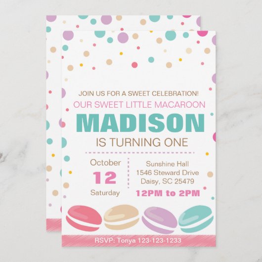 Invitation à l'anniversaire de Macaroon (Devant / Derrière)