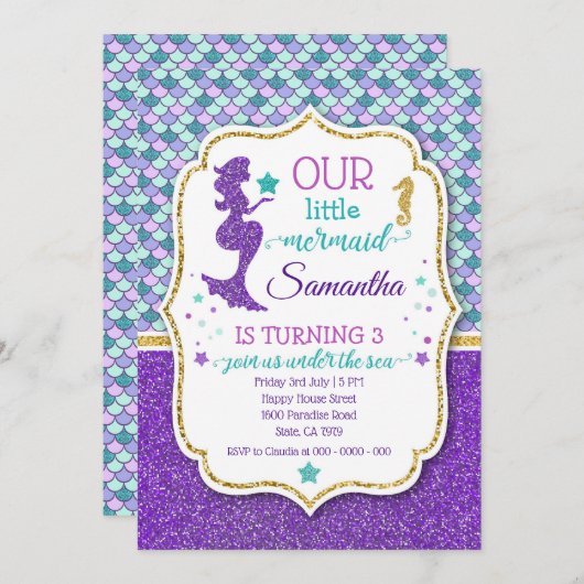 Invitation à l'anniversaire de Mermaid avec effet (Devant / Derrière)