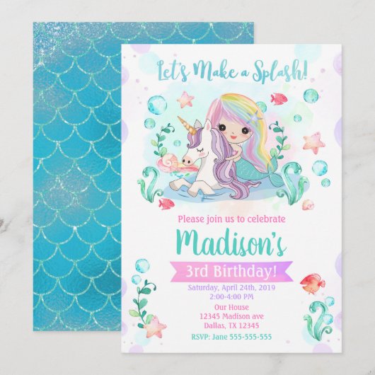 Invitation à l'anniversaire de Mermaid / Mermaid & (Devant / Derrière)