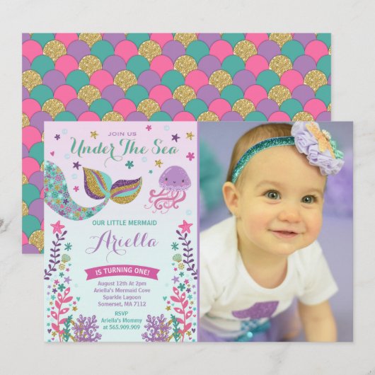 Invitation à l'anniversaire de Mermaid sous le Sea (Devant / Derrière)