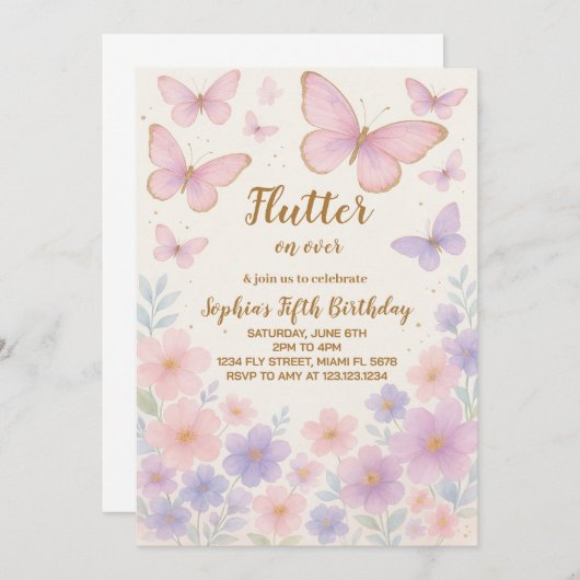 Invitation à l'anniversaire de papillon modifiable (Devant / Derrière)