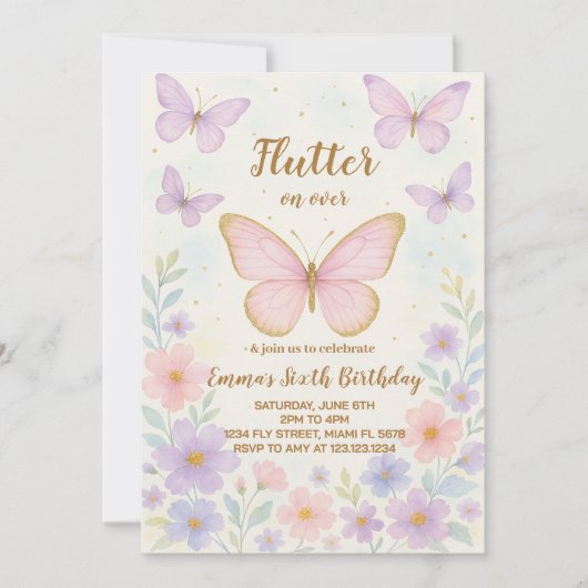 Invitation à l'anniversaire de papillon modifiable (Devant)