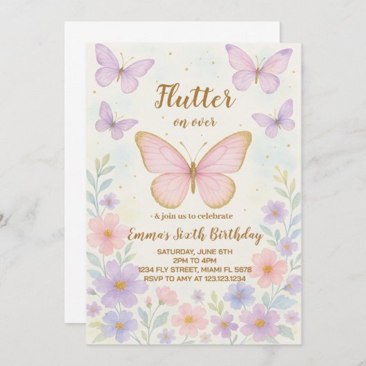 Invitation à l'anniversaire de papillon modifiable (Devant / Derrière)