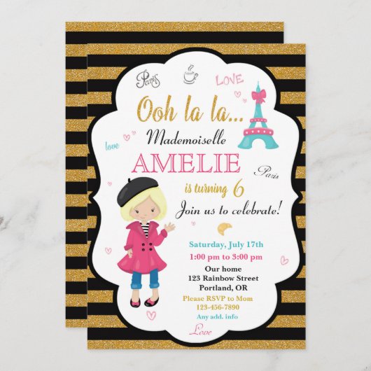 Invitation à l'anniversaire de Paris Fille Eiffel  (Devant / Derrière)