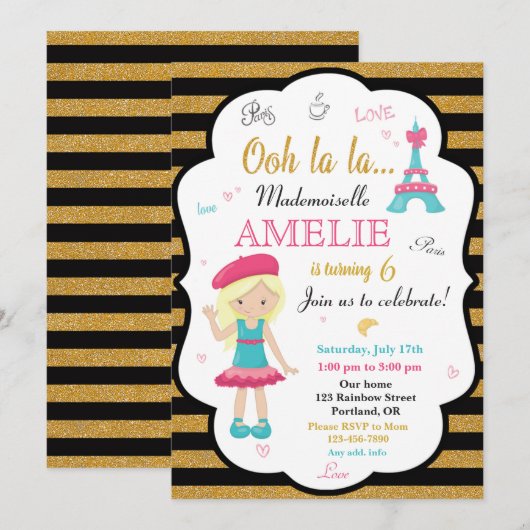 Invitation à l'anniversaire de Paris Fille Eiffel (Devant / Derrière)