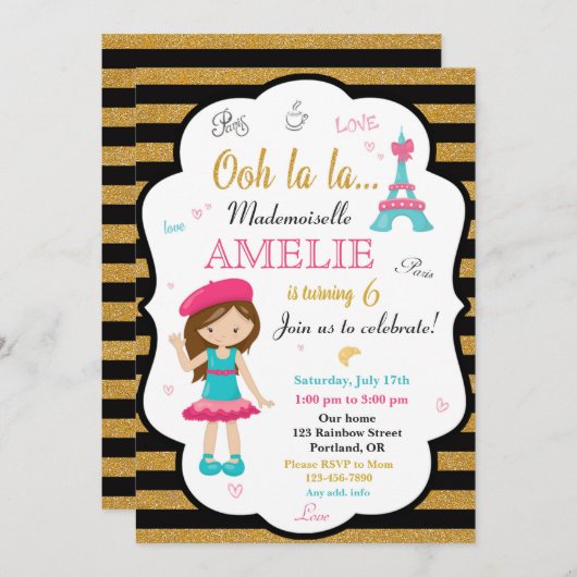 Invitation à l'anniversaire de Paris Fille Eiffel (Devant / Derrière)