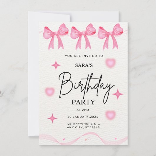 Invitation à l'anniversaire de Pink Bow (Devant)