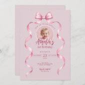 Invitation à l'anniversaire de Pink Bow avec photo (Devant / Derrière)