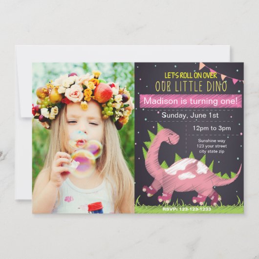 Invitation à l'anniversaire de Pink Dino Skate ave (Devant)