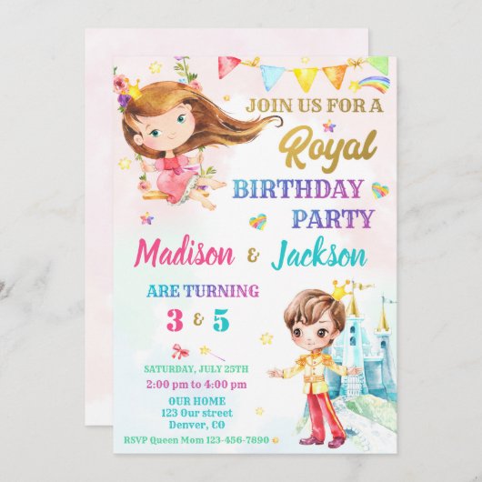 Invitation à l'anniversaire de princesse et de pri (Devant / Derrière)