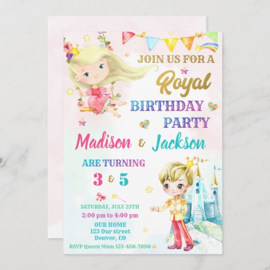 Invitation à l'anniversaire de princesse et de pri (Devant / Derrière)