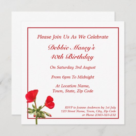Invitation à l'anniversaire de Red Geranium (Devant / Derrière)