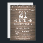 Invitation à l'anniversaire de Rustic Surprise<br><div class="desc">Invitation Rustic Surprise 21e anniversaire avec Arrière - plan Rustic Wood. Lumières à cordes. Country Vintage Retro. Anniversaire adulte. Hommes ou femmes,  anniversaire.
Pour plus de personnalisation,  cliquez sur le bouton "Customiser" et utilisez notre outil de conception pour modifier ce modèle.</div>