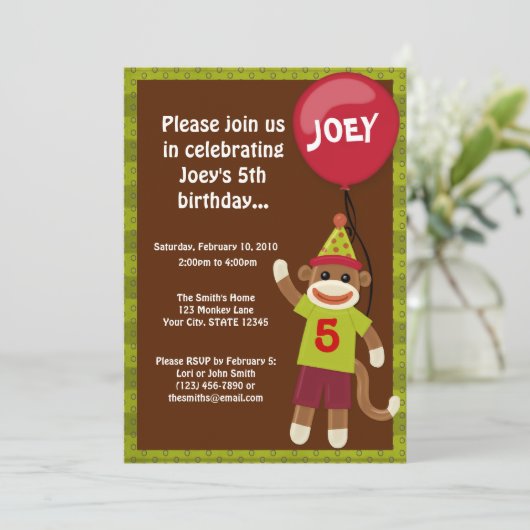 Invitation à l'anniversaire de Sock Monkey Monkey  (Debout devant)