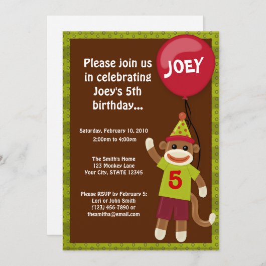 Invitation à l'anniversaire de Sock Monkey Monkey  (Devant / Derrière)