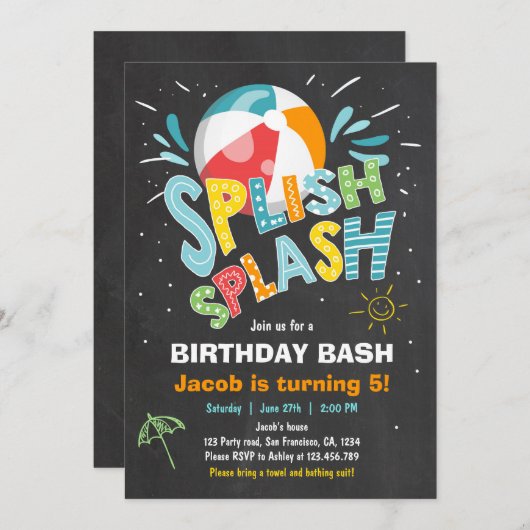 Invitation à l'anniversaire de Splish Splash (Devant / Derrière)
