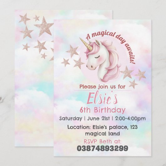 Invitation à l'anniversaire de thème de licorne fi (Devant / Derrière)