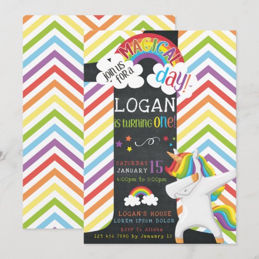 Invitation à l'anniversaire de Unicorn Dab (Devant / Derrière)