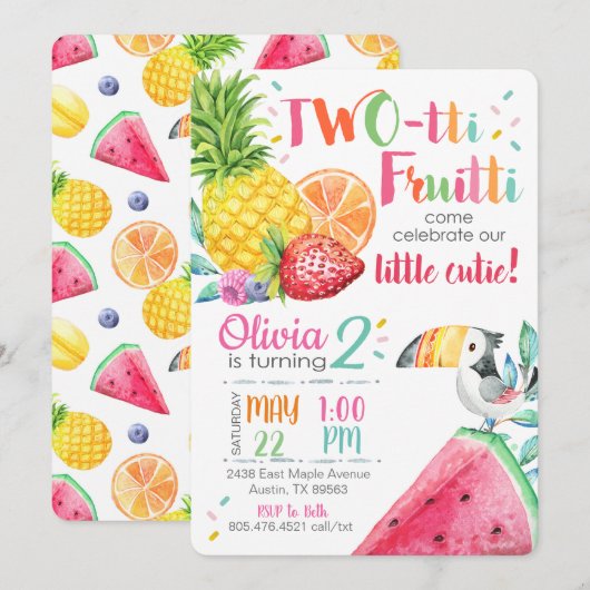 Invitation à l'anniversaire des fruits Twotti (Devant / Derrière)