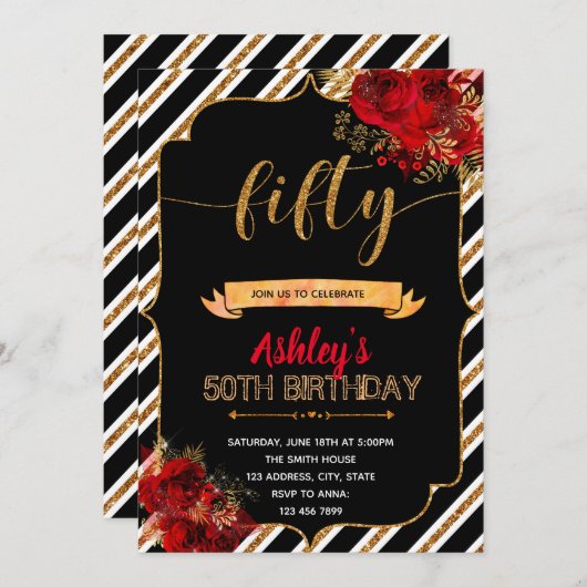 Invitation à l'anniversaire des roses rouges (Devant / Derrière)