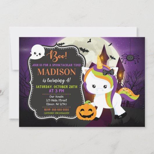 Invitation à l'anniversaire d'Halloween à Unicorne (Devant)