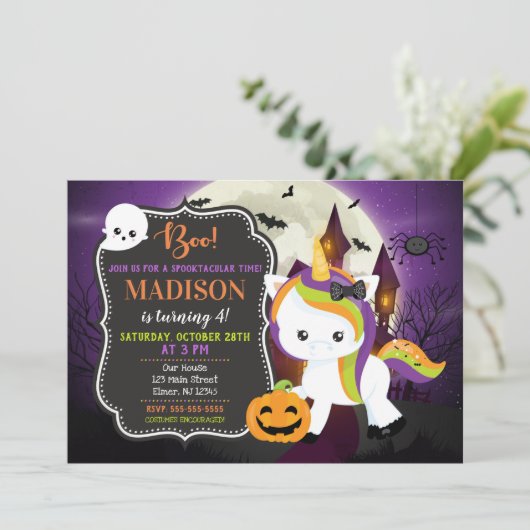 Invitation à l'anniversaire d'Halloween à Unicorne (Debout devant)