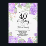 Invitation à l'anniversaire du 40e anniversaire de<br><div class="desc">Invitation à la floraison de violet botanique 40e anniversaire. Floral Pink Peonies Invitation d'anniversaire pour les femmes. Fleur florale aquarelle. Fleurs de roses et de pivoines élégantes. Anniversaire adulte. Arrière - plan blanc. Noir et Blanc. 13e 15e 16e 18e 20e 21e 30e 40e 50e 60e 70e 80e 90e 100e, n'importe...</div>