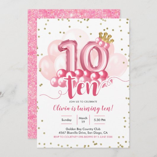 Invitation à l'anniversaire du ballons rose de la  (Devant / Derrière)