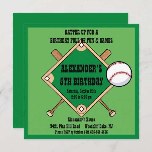 Invitation à l'anniversaire du baseball (Devant / Derrière)