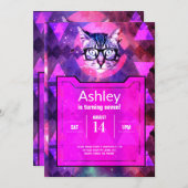 Invitation à l'anniversaire du chat Hipster rose (Devant / Derrière)