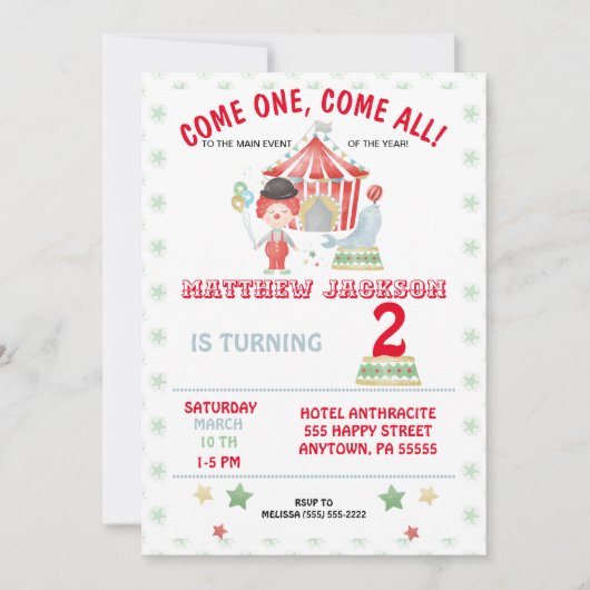 Invitation à l'anniversaire du cirque, venez un, v (Devant)