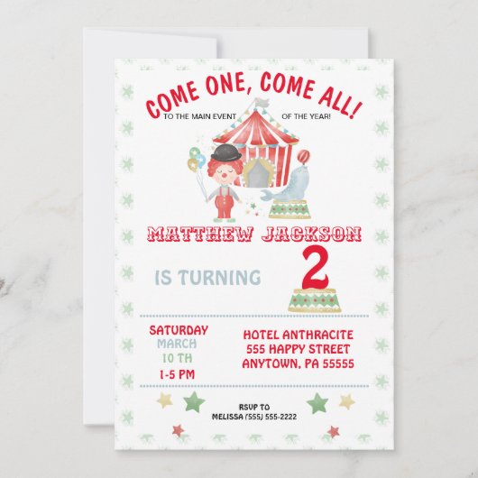 Invitation à l'anniversaire du cirque, venez un, v (Devant)