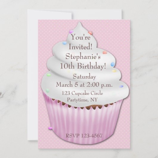 Invitation à l'anniversaire du Cupcake rose (Devant)
